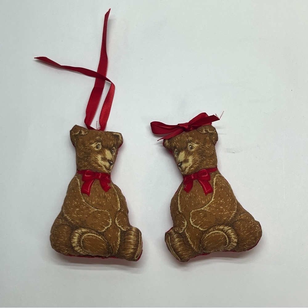 vinage christmas fabric plush teddy bears brown red ribbon pair‎ 4.5 inches